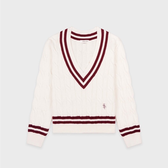 Sporty & Rich Sweaters - Sporty and rich Women's V-Neck Cable Knit Sweater - White and Red